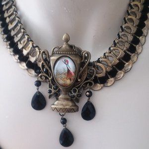 Handmade recycled Victorian cabochon dangle beaded statement necklace chokerOOAK